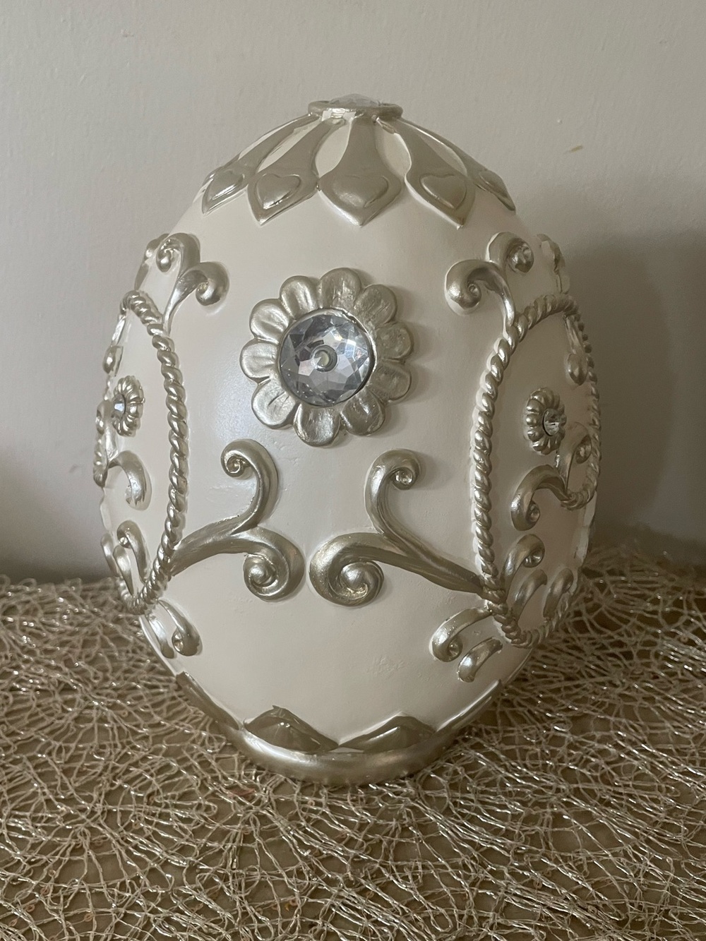 Ornate Cream and Gold Decorative Easter Egg Rhinestones Gems Scroll Design